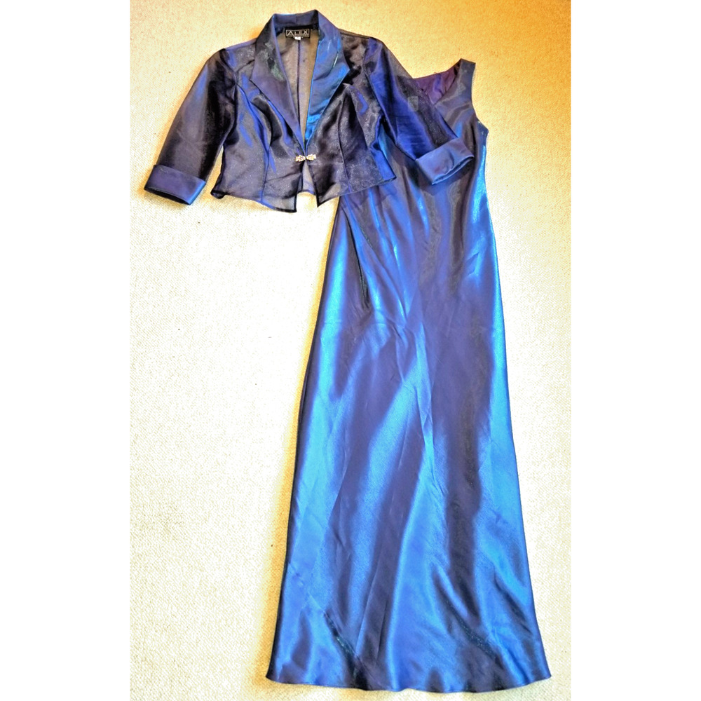 VINTAGE Womens Dress Set-ALEX EVENINGS-blu iridescent maxi sheer jacket Formal-8
